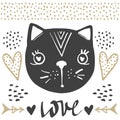 Cat vector. Cartoon doodle character. Love, hearts, arrows.