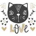 Cat vector. Cartoon doodle character. Love, hearts, arrows. Royalty Free Stock Photo