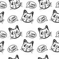 Cat vector seamless in black and white colors.Wallpaper background with cartoon kitty muzzles with bubble speach