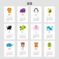 Cat vertical monthly calendar 2018. Cute funny cartoon