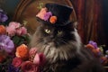 cat in victorian hat with flowers kitten illustration AI Generated