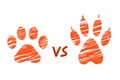 Cat vs dog concent, sketched dog and cat footprints, stylized scratched paws, hatched animal steps, trials and traces