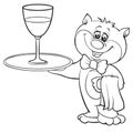 The cat the waiter holds in his paw a tray with a glass, on the second paw a white towel hangs, a figure in the outline