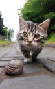 a cat walking on a brick path