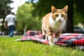 cat walking on a camping picnic blanket