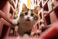 A cat is walking through a maze of pink blocks, AI