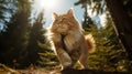 A cat walking on a trail in the woods with trees and grass, AI Royalty Free Stock Photo