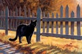 a cat walks along a wooden fence in autumn, generated by AI, generative assistant.