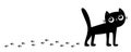 Cat walks. Black kitten with big eyes. Paw print track. Footpath trail silhouette. Footprint set. Cute cartoon kawaii funny baby