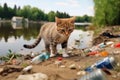 cat walks on plastic waste on a riverbank, concept of pollution and ecology Royalty Free Stock Photo