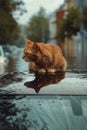 Cat wallowing on car and rains drops on at rainy season