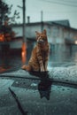 Cat wallowing on car and rains drops on at rainy season