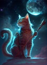 The cat warrior holds sword with a sapphire. AI Generated