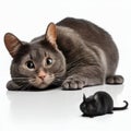 Cat was afraid of mouse, cat and mouse on a white background close up