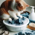 A cat washes clothes in a bowl. Royalty Free Stock Photo