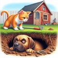 A cat watches a dog hiding in a hole. Royalty Free Stock Photo