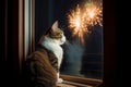 Cat watching fireworks through window. Generative AI Royalty Free Stock Photo