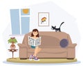 Cat is watching girl reading gazette. Illustration for internet and mobile website