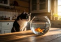 Cat Watching Goldfish on Wooden Table Royalty Free Stock Photo