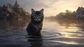 A cat in the water against the backdrop of a flooded village. Generative AI.