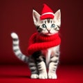 A cat wearing a balaclava and hat stands on a red background, generated illustration with AI