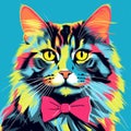 Vibrant Pop Art Portrait: Norwegian Forest Cat With Bowtie Royalty Free Stock Photo