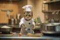 A cat wearing a chef\'s hat and apron, humorously posed in a miniature kitchen. Royalty Free Stock Photo