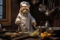 A cat wearing a chef\'s hat and apron, humorously posed in a miniature kitchen. Royalty Free Stock Photo