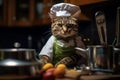 A cat wearing a chef\'s hat and apron, humorously posed in a miniature kitchen. Royalty Free Stock Photo