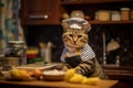 A cat wearing a chef\'s hat and apron, humorously posed in a miniature kitchen. Royalty Free Stock Photo