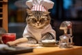 A cat wearing a chef\'s hat and apron, humorously posed in a miniature kitchen. Royalty Free Stock Photo