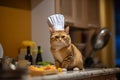 A cat wearing a chef\'s hat and apron, humorously posed in a miniature kitchen. Royalty Free Stock Photo