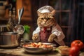 A cat wearing a chef\'s hat and apron, humorously posed in a miniature kitchen. Royalty Free Stock Photo