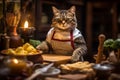 A cat wearing a chef\'s hat and apron, humorously posed in a miniature kitchen. Royalty Free Stock Photo