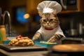 A cat wearing a chef\'s hat and apron, humorously posed in a miniature kitchen. Royalty Free Stock Photo