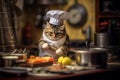 A cat wearing a chef\'s hat and apron, humorously posed in a miniature kitchen. Royalty Free Stock Photo