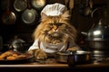Cat wearing chef's hat and apron sitting at table. Generative AI