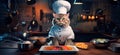 cat wearing a chef& x27;s toque and apron, skillfully preparing gourmet dishes in a professional restaurant kitchen Royalty Free Stock Photo