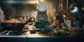 cat wearing a chef& x27;s toque and apron, skillfully preparing gourmet dishes in a professional restaurant kitchen Royalty Free Stock Photo