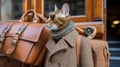 A cat wearing a coat and glasses standing next to two suitcases, AI Royalty Free Stock Photo