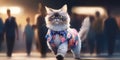 A cat wearing a colorful shirt and a bow tie. Generative AI image.