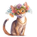 Cat wearing a floral crown made of spring flowers. Cartoon character for postcard, birthday, children.