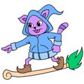 The cat wearing a flying hoodie rides a magic broom, doodle icon image kawaii Royalty Free Stock Photo