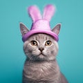 Cat wearing a funny, purple hat, closeup.