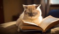 A cat wearing glasses reading a book on a bed. Cat wearing glasses reading a book on a bed Royalty Free Stock Photo
