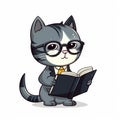 a cat wearing glasses reading a book while wearing a suit and tie with a tie on it\'s head and a book in its paws Royalty Free Stock Photo