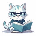 a cat wearing glasses reading a book on a white background with the caption reading a book on the bottom of the page is a cat Royalty Free Stock Photo