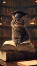 Cat wearing graduation cap sitting on an open book in a library. Education and wisdom concept Royalty Free Stock Photo