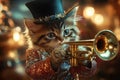 A cat wearing a hat and playing a trombone Royalty Free Stock Photo