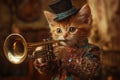A cat wearing a hat and playing a trombone Royalty Free Stock Photo
